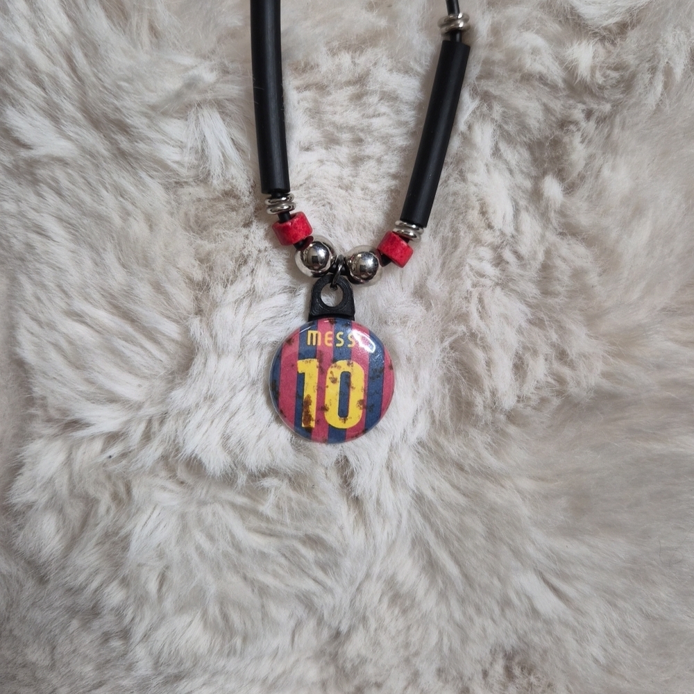 Lionel Messi Necklace 10 Jersey Round Pendant Black Cord Red Silver Beads Sporty